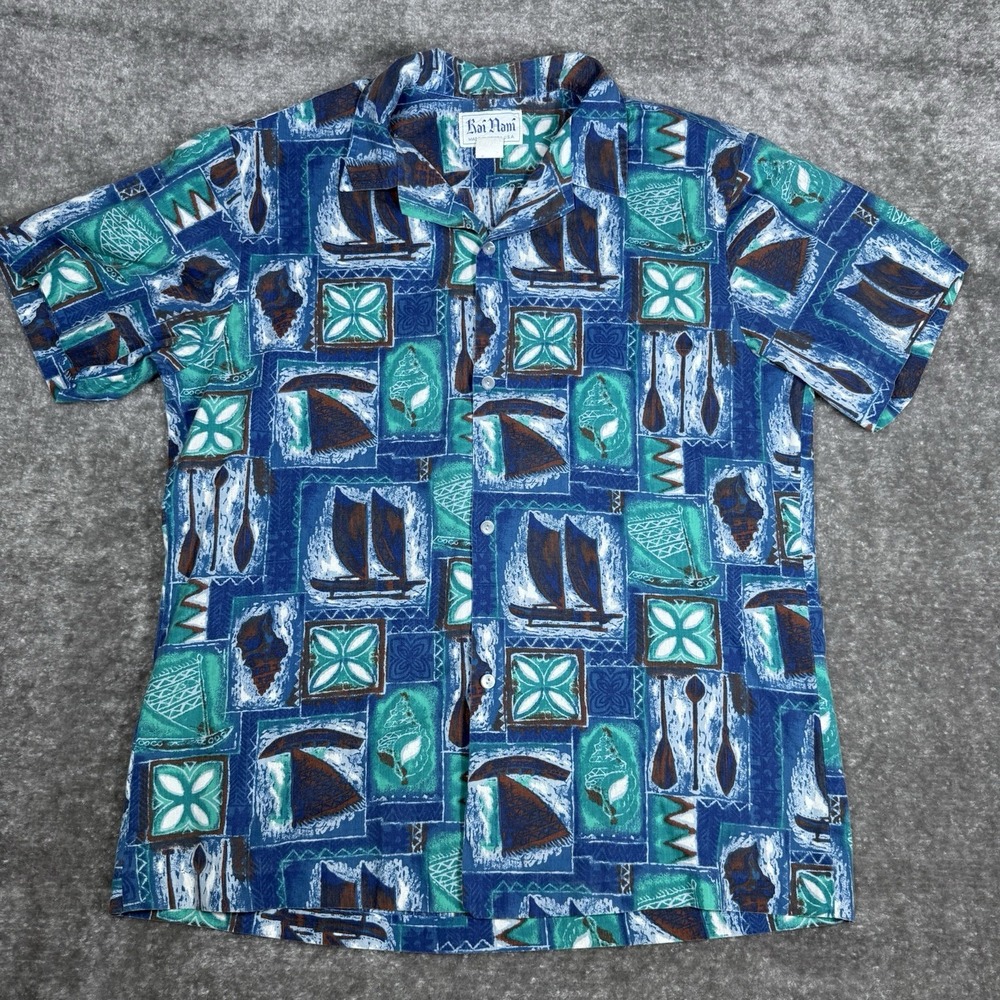 Kai Nani Shirt Men's Large Blue Hawaiian Boats Shells Beach True Vintage Camp‎